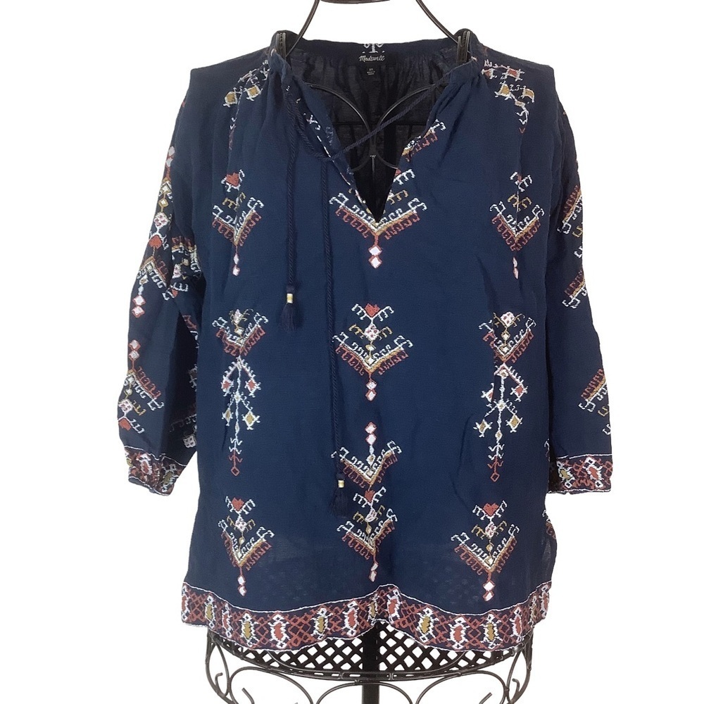 Madewell Navy Embroidered Peasant Blouse Boho Top Size XS